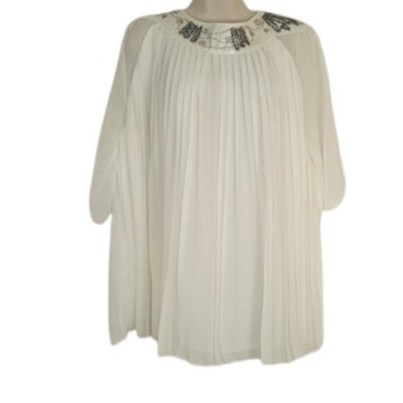 Inman Womens Pleated Beaded Embellished Blouse White Chiffon XL - Picture 1 of 3